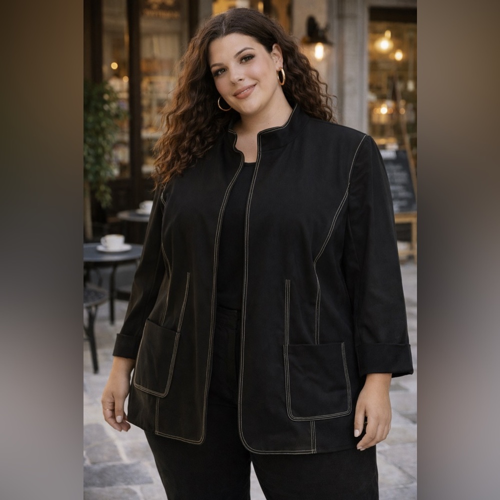 Josephine Chaus Black Jacket with flattering & chic cream Topstitching